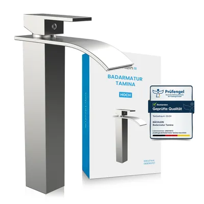 Produktbild von Badarmatur Tamina hoch - Edelstahl gebürstet | Wasserfall Badarmatur im klassischen Design - Wasserhahn für Bad-Aufsatz-Waschbecken