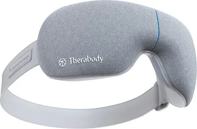 A close-up studio shot of a gray Therabody Smart Goggles relaxation mask.