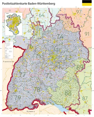 Produktbild von XL Postleitzahlenkarte von Baden-Württemberg, PLZ Wandkarte mit Laminierung, reißfest, 100 cm x 123,5 cm