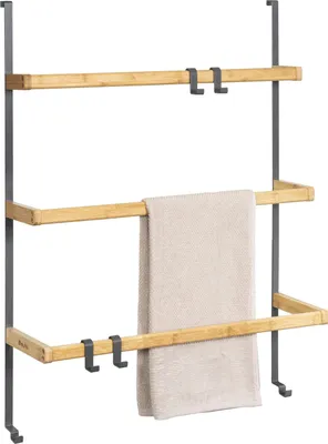 Produktbild von eluno Tür-Hängeregal aus Metall und Bambus, Tür-Handtuchhalter mit 3 Handtuchstangen, 4 praktischen Haken, zum Einhängen ohne Bohren, grau