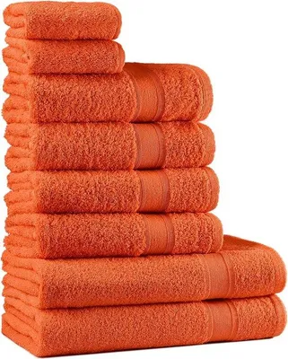 Obrázek produktu pro Uniqoos® Sada 8 ručníků, barva: oranžová – 2 ručníky do koupele (70 x 140 cm), 4 ručníky (50 x 90 cm), 2 ručníky na ruce (30 x 50 cm), 100% bavlna, měkké a savé, Oeko-Tex, antibakteriální