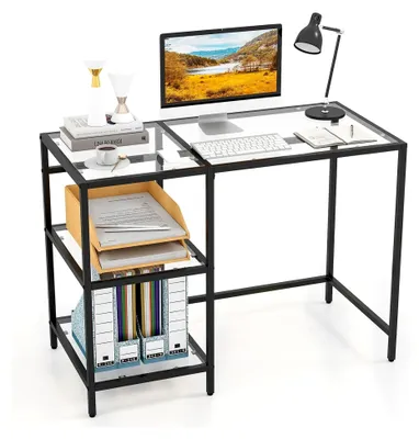 Produktbild von Schreibtisch, Computertisch aus gehärtetem Glas, Konsolentisch mit 2 offenen Regalen und Metallgestell, Flurtisch für Büro, Flur, Wohnzimmer, Arbeitszimmer (Schwarz)
