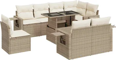 Produktbild von 9-tlg. Garten-Sofagarnitur mit Kissen Beige Poly Rattan