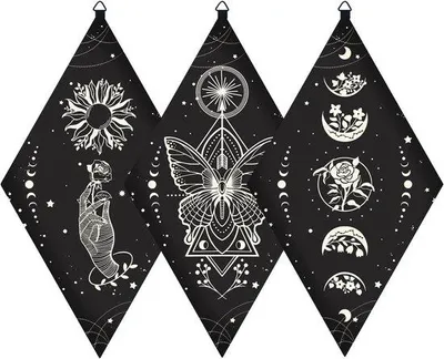 Zdjęcie produktu dla Drewniane dekoracje ścienne w stylu boho, czarne, 3 sztuki, z motywami kwiatów, motyli, dłoni i kart tarota
