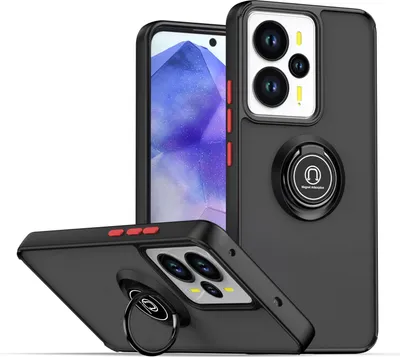 Produktbild von Hülle für Realme 14 Matte Transluzent TPU Stoßfest Schutzhülle mit Ring Halter Ständer Schwarz Rot