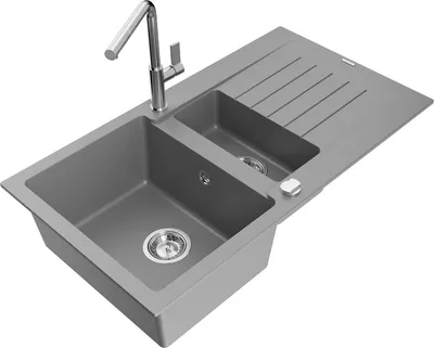 Produktbild von Mexen Matias 1,5-Becken-Granitspüle mit Abtropffläche und Mischbatterie Flora, Grau - 6502-71-670401-00