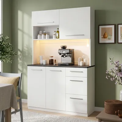 Produktbild von Flieks Hochschrank mit mehrstufigem Stauraum, integrierter Steckdose sowie USB Anschlüssen, Küchenbuffet 120×40×180 cm, Sideboard, Weiß