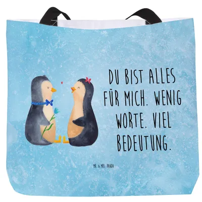 Produktbild von Mr. & Mrs. Panda Tote Bag Pinguin Pärchen - Eisblau - Geschenk, Große Liebe, Strandtasche, Reisetasche, Stoffbeutel, Tasche, Laptoptasche, Schultasche, Pinguine