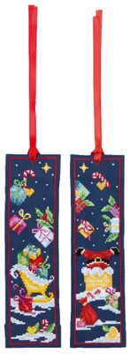 Produktbild von Vervaco Lesezeichen Kreuzstich Stickpackung "Schlitten und Weihnachtsmann" 2er Set, Zählmuster, 6x20cm