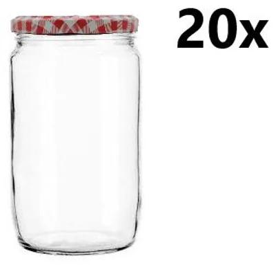 A clear glass jar with a red and white checkered lid, with the text '20x' on the right side.