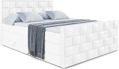 Produktbild von ALTDECOR Boxspringbett mit H3 Matratze-Bonellfederung, H4 Multipocket-Matratze, PUR, Topper (4 cm hoch), Polsterbett mit Kopfteil und Bettkasten - ZAFIRA KING - 140x200 - Weiß Kunstleder