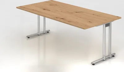 Produktbild von Schreibtisch Mauno | Asteiche | BxT 200x100cm | Arbeitshöhe 72cm | höhenjustierbar 0-10 mm | C-Fuß-Gestell Silber | Rechteckform