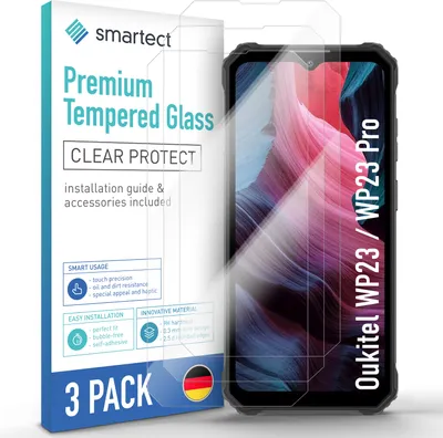 A product shot of a 3-pack of screen protectors for a smartphone, with the packaging and a phone displaying the screen protector.