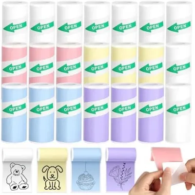 Productafbeelding van PromoHome® 21 rollen zelfklevend thermisch papier - 5 kleuren - Geschikt voor mini-printers