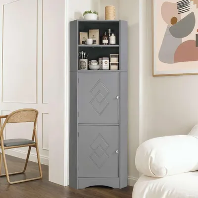 Image de Armoire d'angle pour salle de bain , armoire d'angle avec 2 compartiments & fond réglable, imperméable, peu encombrante, 36.5x36.5x155cm, gris clair