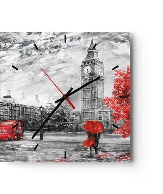 Produktbild von Wanduhr - Quadrat - Glasuhr - London Bus - 30x30cm - Schleichendes Uhrwerk - Lautlos - zum Aufhängen bereit - Dekoration Modern - Wanddekoration aus Glas - C3AC30x30-3866
