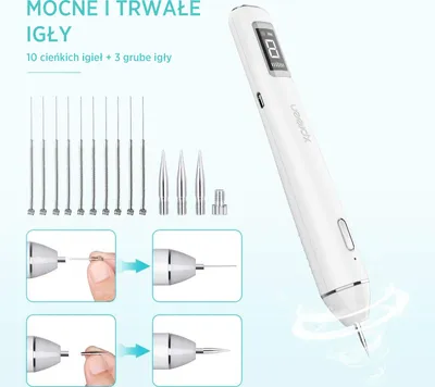 A product image showcasing a white electric spot removal pen with various needle attachments, along with instructional diagrams.