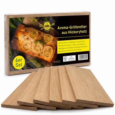 Produktbild von Campingman Räucherbretter aus Hickoryholz 6er Pack – Aroma Grillbretter & Räucherplanken für Fisch, Fleisch & BBQ – Für Gas-, Kohle- & Elektrogrill, KI-generiertes Bild