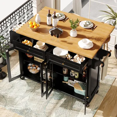 Produktbild von STILVORA Küchenwagen mit Schubladen,Kücheninsel Buffetschrank mit Glastüren&offene Regale,Küchenschrank für Esszimmer,Wohnzimmer&Küche,Schwarz
