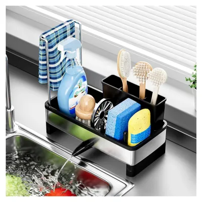 Produktbild von Spülbecken Organizer Küchen Spülbecken Caddy Organizer mit Auffangschale Utensilien Korb für Küche Schwammhalter mit Spüllappenhalter (Schwarz)