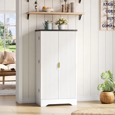 Produktbild von Merax Küchenschrank mit LED-Sensorlicht, Hochschrank mit Doppeltür und höhenverstellbare Regalböden, Küchenmöbel Gewürzregal, Stauraum Schrank, Weiß