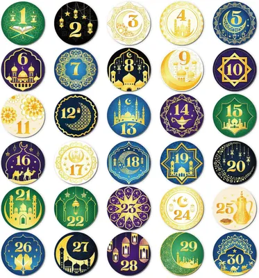 Imagen del producto de Calcomanías para calendario de Adviento de Ramadán, con números del 1 al 30. Set de 120 unidades. Calcomanías adhesivas para decorar y etiquetar regalos de Ramadán