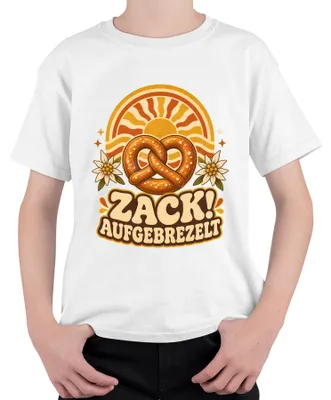 Obrázek produktu pro Zack! Tričko s motivem "Aufgebrezelt Brezel Edelweiß Bayern", tradiční bavorské motivy, kožená sukně, dětské tričko, bílá barva, velikost 152