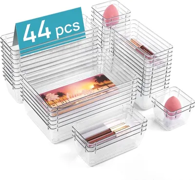 Productafbeelding van Transparante ladeorganizer - Set van 44 stuks in 4 verschillende maten, geschikt voor make-up, slaapkamer, keukenaccessoires - Plastic ladeorganizer voor bureaus
