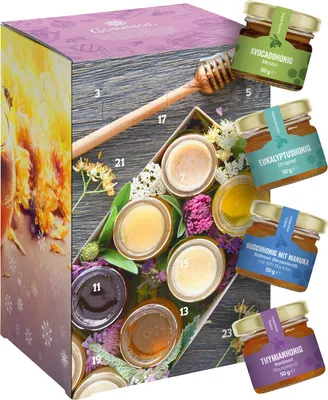 An advent calendar filled with small jars of honey, decorated with flowers and a honey dipper.