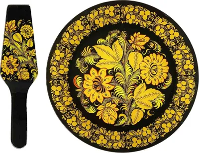 Produktbild von Servierplatte Ø 30 cm "Goldenes Chochloma" mit Kuchenspatel für die Torte