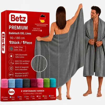 Produktbild von Betz Badetuch XXL Lines 90x180 cm – 100% Baumwolle, weich & saugstark – Strandtuch für Urlaub, Pool, Sauna, Outdoor – modernes Streifendesign - grau