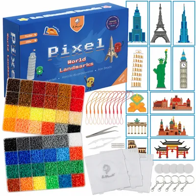 Obrázek produktu pro Sada zažehlovacích korálků La Manuli Ø 2,6 mm - 24000 mini korálků na kolíčky, doplňky, motivy světových památek, sada korálků pro děti od 12 let