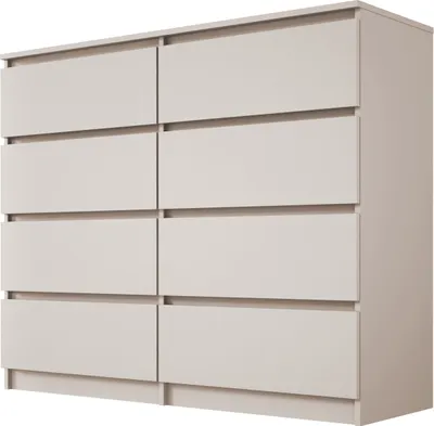 A light gray dresser with eight drawers is shown from a diagonal angle against a white background.