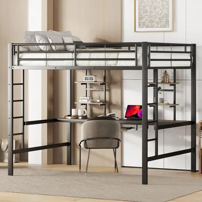 Produktbild von Bettgestell Metallbett, Eisenbett, Hochbett mit Schreibtisch und zwei Bücherregalen für Kinder, Jugendliche und Erwachsene, 140x200cm, schwarz