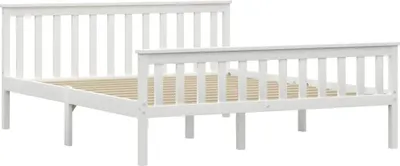 A white wooden bed frame with a slatted base, shown from a side angle against a white background.