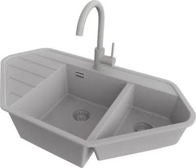 Produktbild von PRIMAGRAN Granitspüle Grau 90x50cm, Eckspüle 1,5 Becken + Küchenarmatur 32x20cm + Ablauf-Set, Küchenspüle ab 70er Unterschrank - Kopenhagen Corner