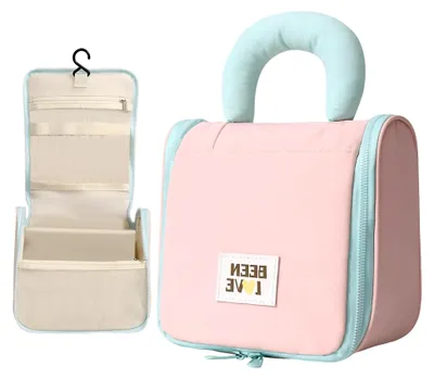 Produktbild von Kulturbeutel für Damen zum Reisen, wasserdichte Waschtasche aus Nylon, Kosmetiktasche und Toilettentasche in Rosa