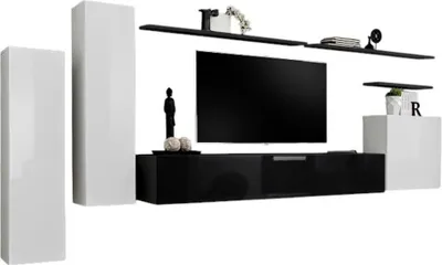 Image de Ensemble meubles salon SWITCH I – Blanc et noir brillant – Meuble TV et rangements suspendus modernes