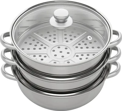 Obrázek produktu pro Nerezová parní pánev – třípatrová – 28 cm – skleněné víko – vhodná na indukci i plyn – třívrstvá – stříbrná