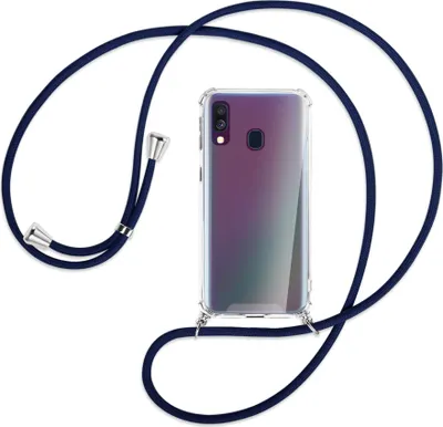 Produktbild von Handykette Backcover-Schutzhülle mit Band (Metall silberfarben) für Samsung Galaxy A40 - dunkelblau