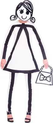 A person wearing a stick figure costume, holding a purse.