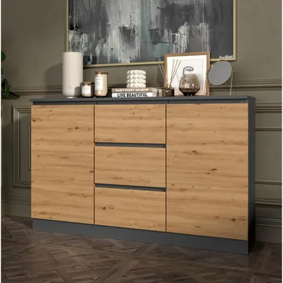 Image de Commode, chambre à coucher couloir, armoire, sideboard, highboard avec 3 tiroirs et 2 portes, largeur 120 cm hauteur 75 | Anthracite Artisan