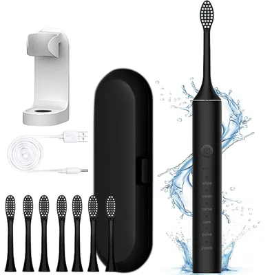 Image de Brosse à dents électrique, brosse à dents sonique avec 8 têtes de brosse, 42 000 vibrations par minute, 6 modes, brosse à dents électrique avec étui de voyage, autonomie de 90 jours, IPX7, minuterie intelligente de 2 minutes, noir