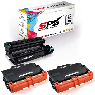 A product shot of toner cartridges and a drum unit, with the product packaging in the background.