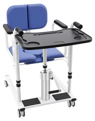 Obrázok produktu pre Pacientský transferový stôl s hydraulickým zdvihákom – invalidný vozík – výškovo nastaviteľný (30–46 cm) – nosnosť 150 kg – sedadlo rozdelené na 180° s integrovanou toaletou – 4 kolieska s brzdami – modrá farba