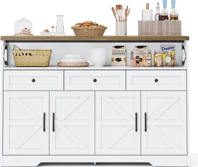 Produktbild von okwish  Sideboard,Kommode,Kaffeebar mit 3 Schubladen, Konsole im Landhausstil mit Türen, Kücheninsel  mit Einlegeböden, weiß+braun