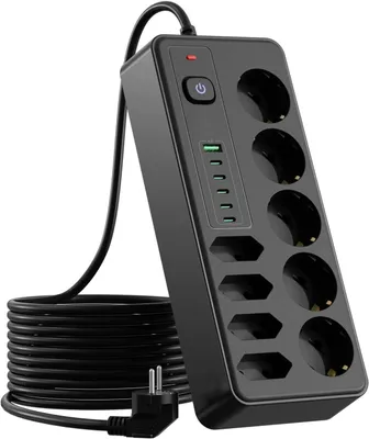 Produktbild von Steckdosenleiste – 9-fach – mit 1 USB-A- und 5 USB-C-Ladeanschlüssen – Mehrfachsteckdose mit Schalter – 2,8 m Verlängerungskabel