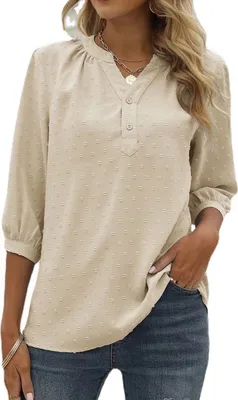 Produktbild von ASKSA Damen Swiss Dot Bluse 3/4 Ärmel Sommer Elegant T-Shirt V-Ausschnitt Tunika Einfarbig Chiffon Hemd, Aprikose, XXL