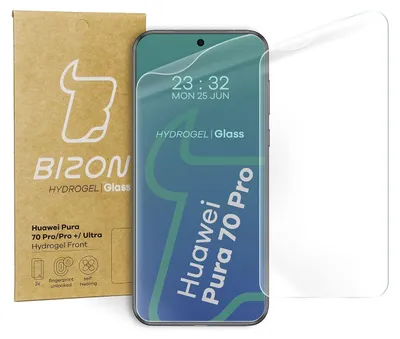 A screen protector is shown being applied to a smartphone, next to its packaging.