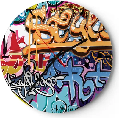 A round wall clock with a vibrant graffiti art design.